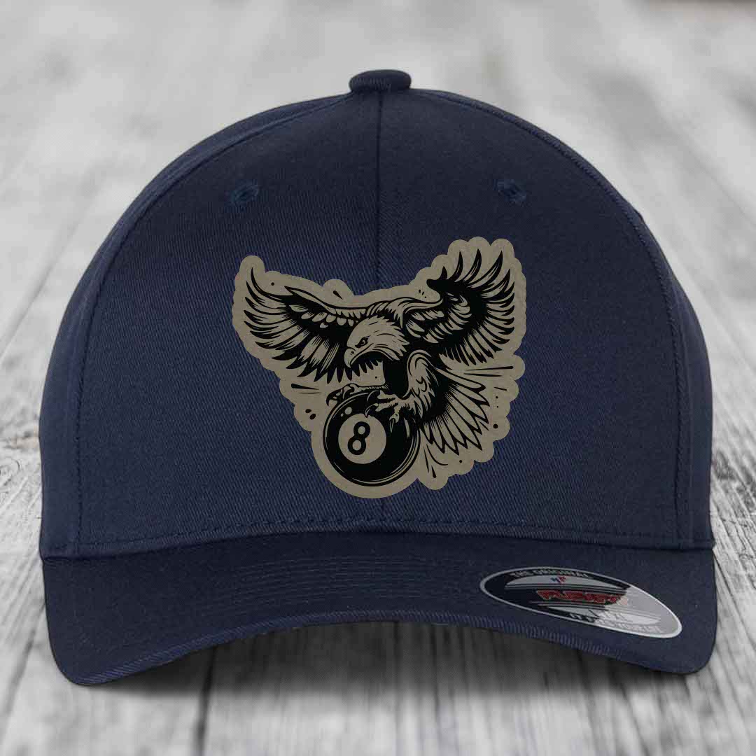 Eagle 8 Ball - Leather Patch Hat - Light Brown to Black Patch - Flexfit 6277 Fitted Hat