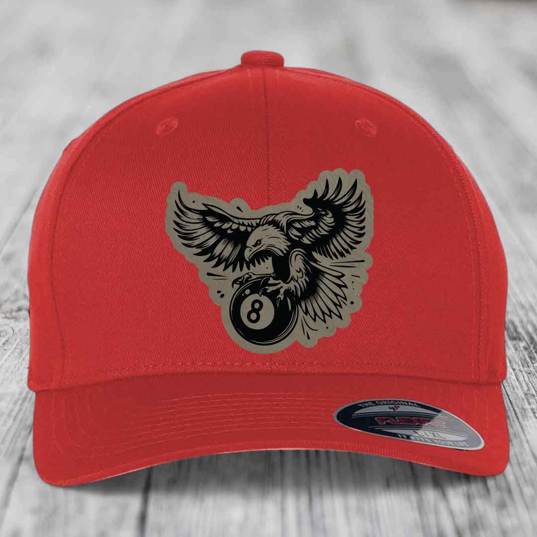 Eagle 8 Ball - Leather Patch Hat - Light Brown to Black Patch - Flexfit 6277 Fitted Hat