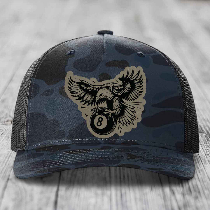 Eagle 8 Ball - Leather Patch Hat - Light Brown to Black Patch - Richardson 112PFP Snapback Trucker Hat