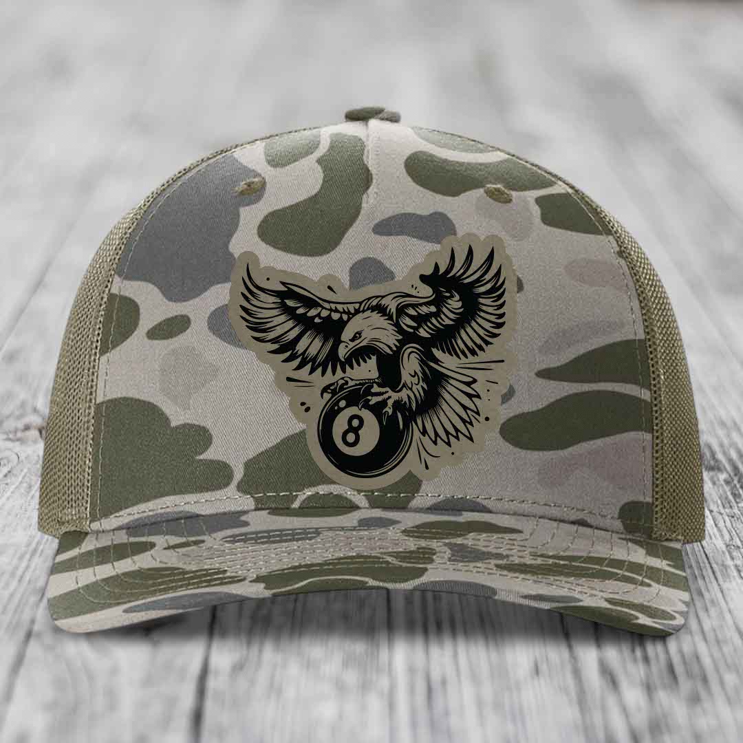 Eagle 8 Ball - Leather Patch Hat - Light Brown to Black Patch - Richardson 112PFP Snapback Trucker Hat
