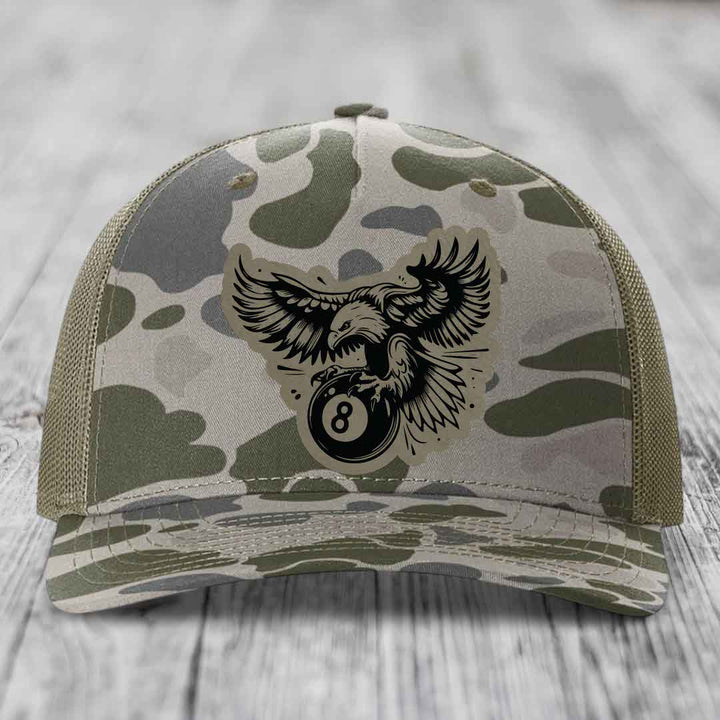Eagle 8 Ball - Leather Patch Hat - Light Brown to Black Patch - Richardson 112PFP Snapback Trucker Hat
