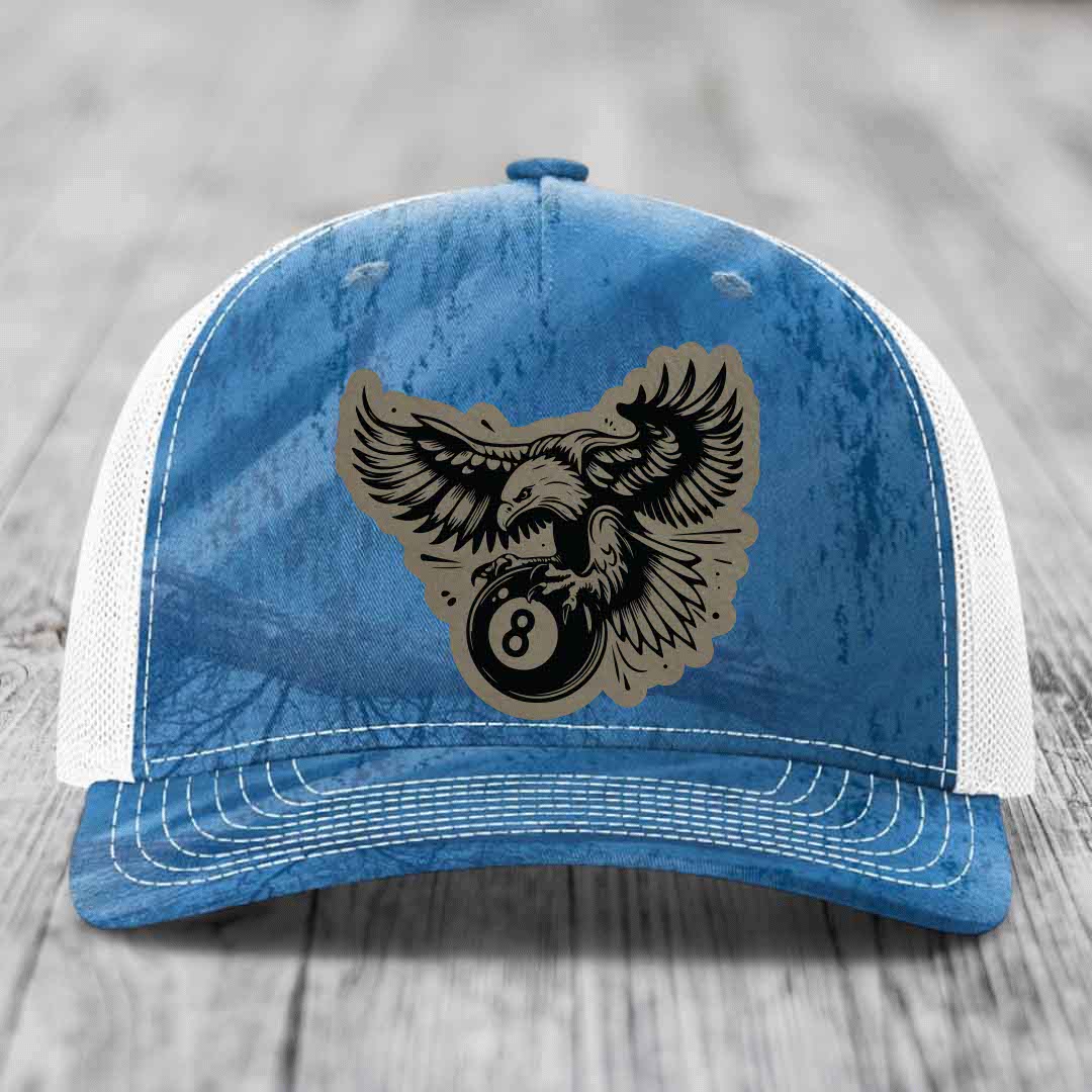 Eagle 8 Ball - Leather Patch Hat - Light Brown to Black Patch - Richardson 112PFP Snapback Trucker Hat