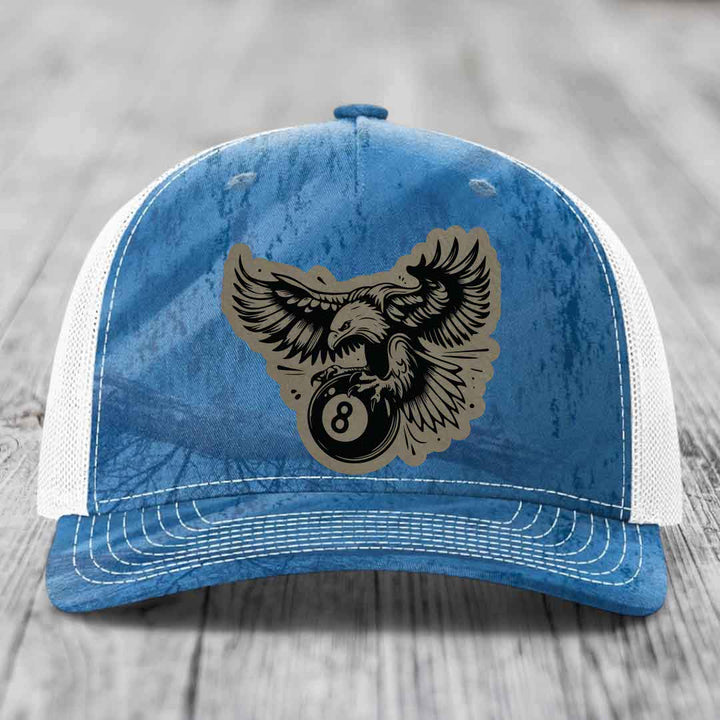 Eagle 8 Ball - Leather Patch Hat - Light Brown to Black Patch - Richardson 112PFP Snapback Trucker Hat