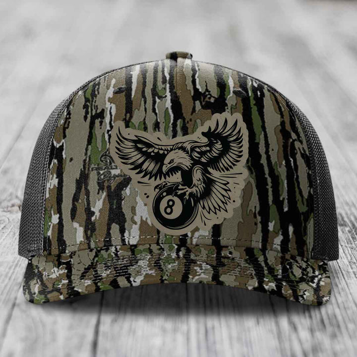 Eagle 8 Ball - Leather Patch Hat - Light Brown to Black Patch - Richardson 112PFP Snapback Trucker Hat