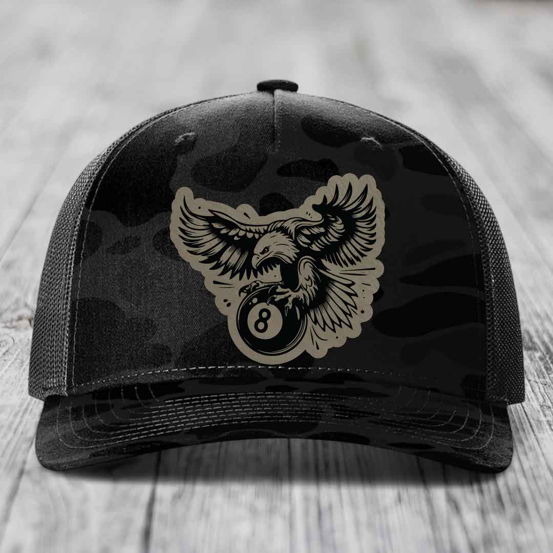 Eagle 8 Ball - Leather Patch Hat - Light Brown to Black Patch - Richardson 112PFP Snapback Trucker Hat