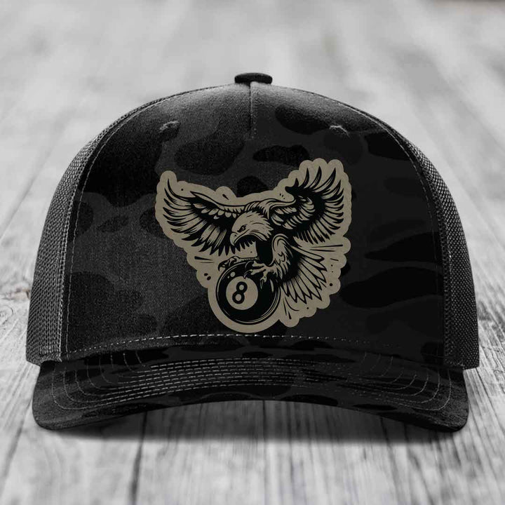 Eagle 8 Ball - Leather Patch Hat - Light Brown to Black Patch - Richardson 112PFP Snapback Trucker Hat