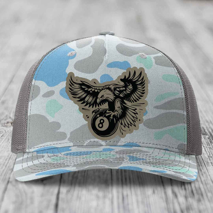 Eagle 8 Ball - Leather Patch Hat - Light Brown to Black Patch - Richardson 112PFP Snapback Trucker Hat