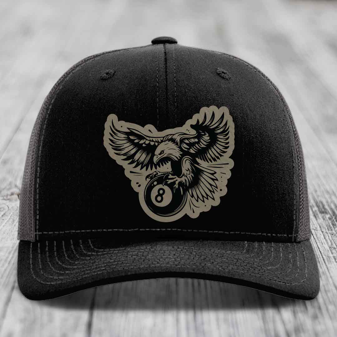 Eagle 8 Ball - Leather Patch Hat - Light Brown to Black Patch - Richardson 112 Snapback Trucker Hat