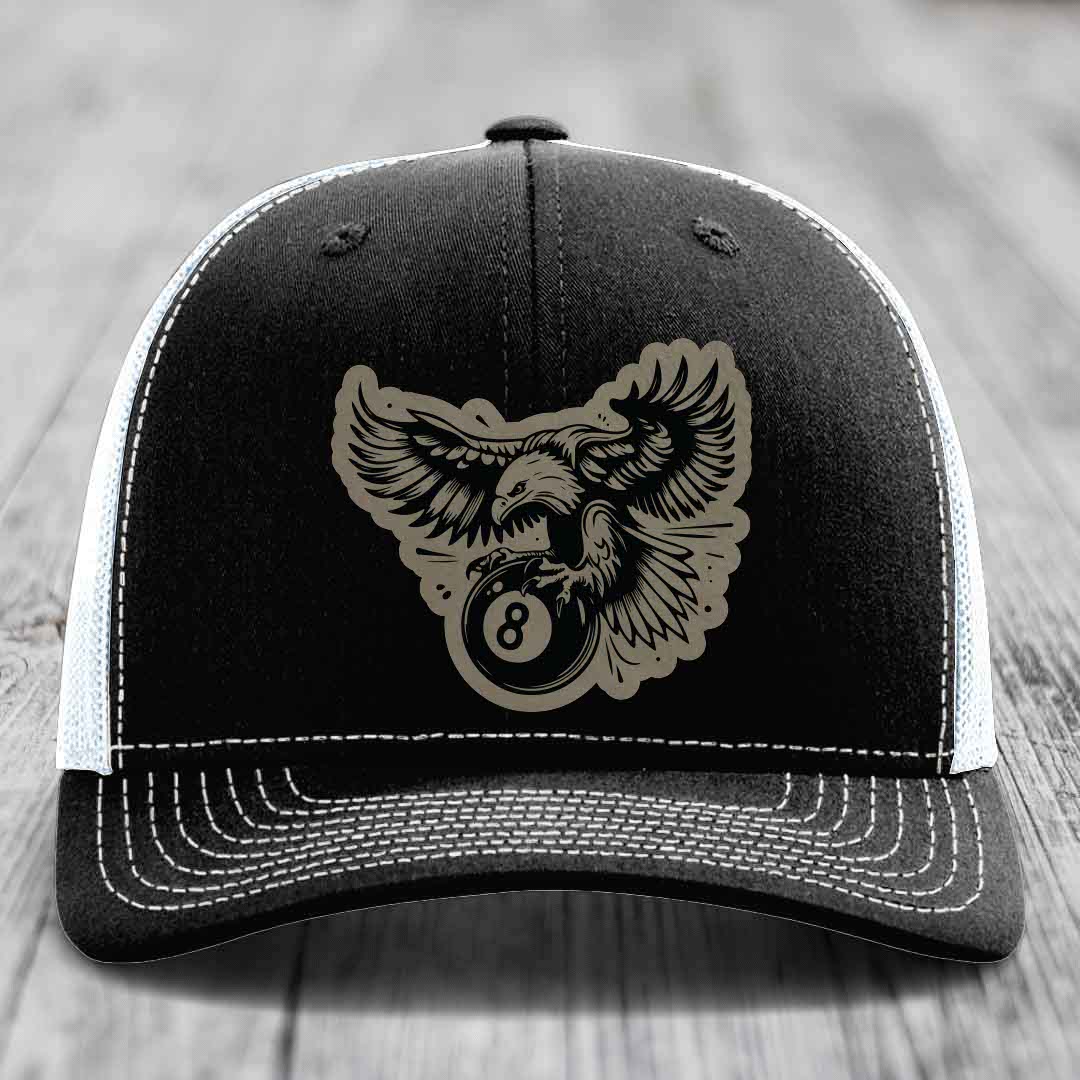 Eagle 8 Ball - Leather Patch Hat - Light Brown to Black Patch - Richardson 112 Snapback Trucker Hat