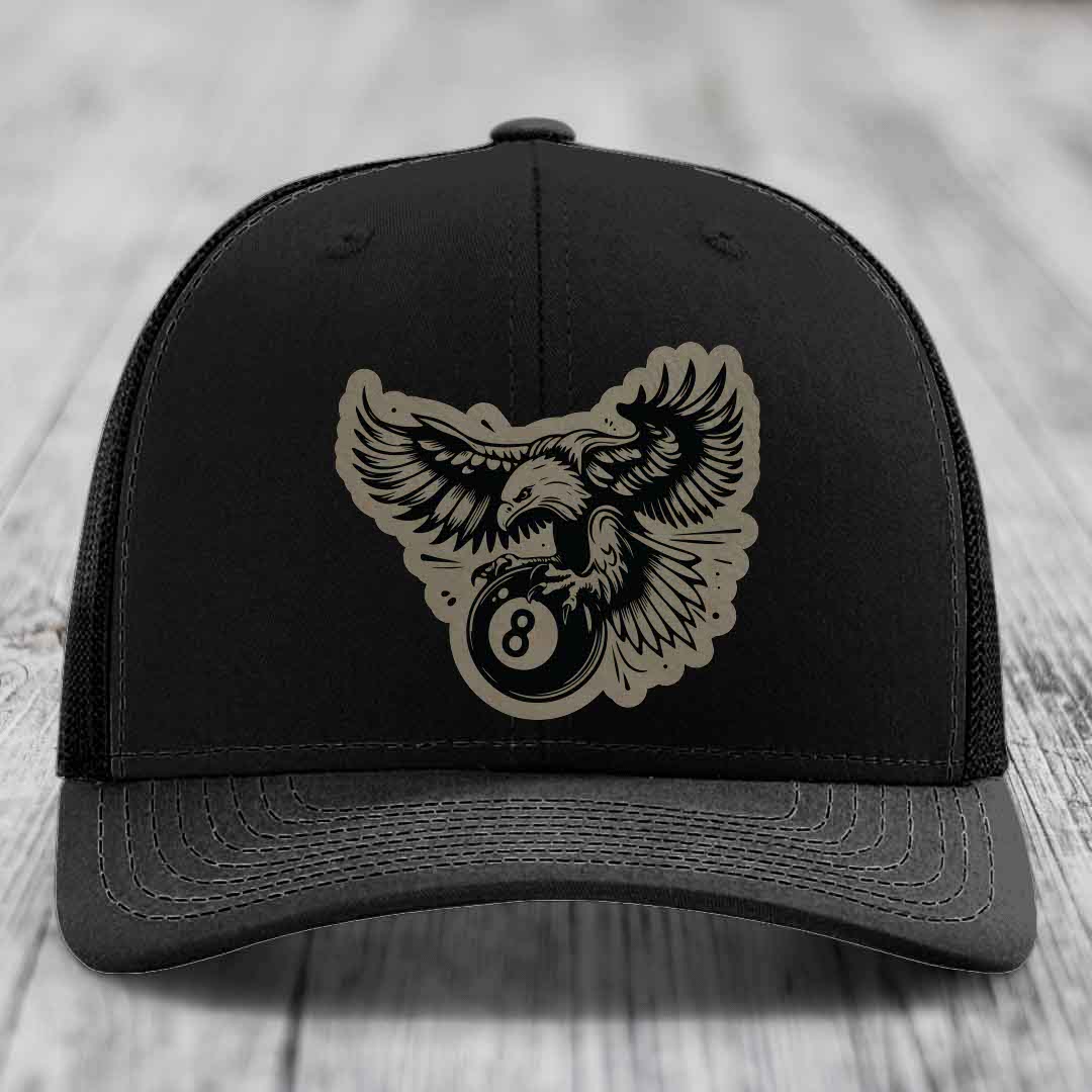 Eagle 8 Ball - Leather Patch Hat - Light Brown to Black Patch - Richardson 112 Snapback Trucker Hat