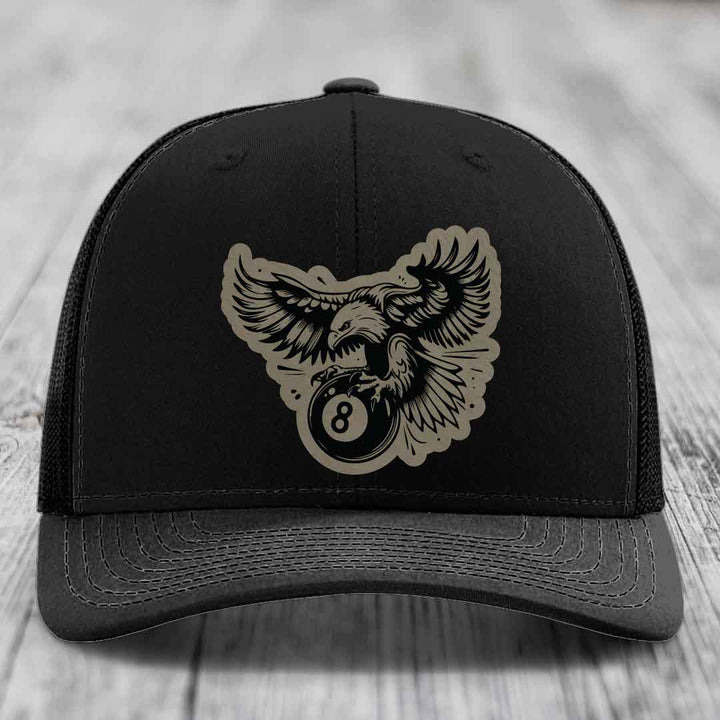 Eagle 8 Ball - Leather Patch Hat - Light Brown to Black Patch - Richardson 112 Snapback Trucker Hat