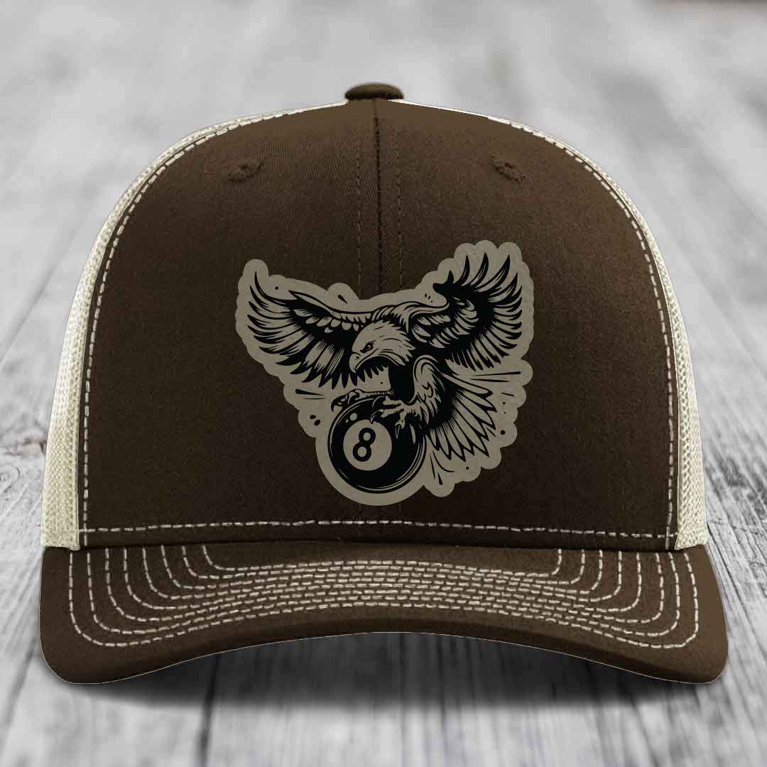 Eagle 8 Ball - Leather Patch Hat - Light Brown to Black Patch - Richardson 112 Snapback Trucker Hat