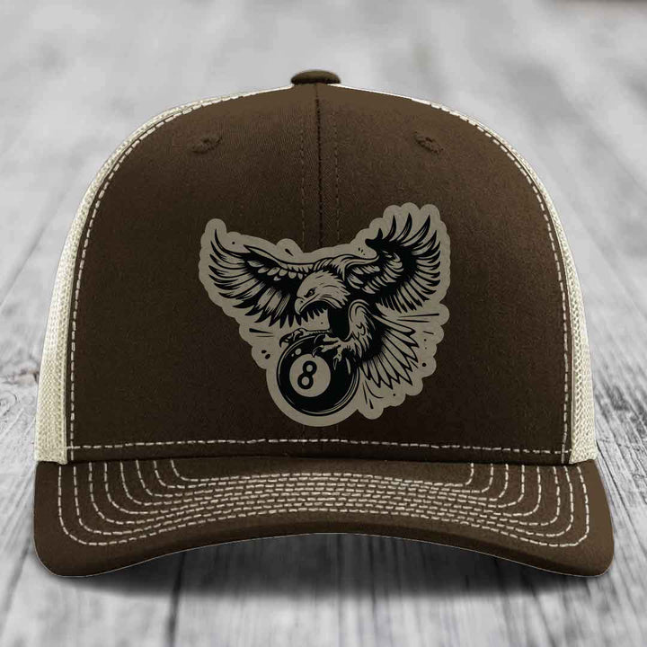 Eagle 8 Ball - Leather Patch Hat - Light Brown to Black Patch - Richardson 112 Snapback Trucker Hat