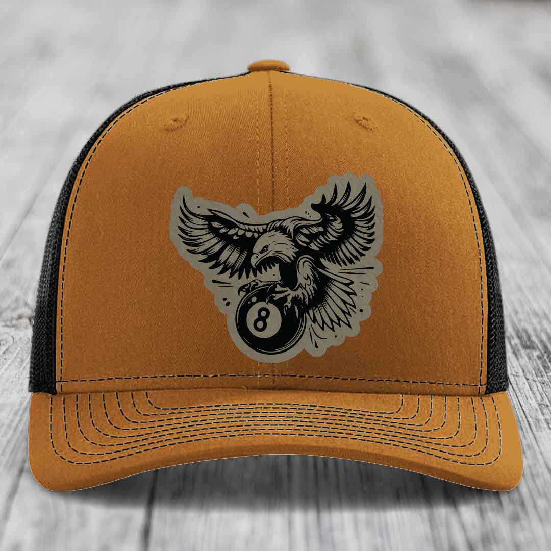 Eagle 8 Ball - Leather Patch Hat - Light Brown to Black Patch - Richardson 112 Snapback Trucker Hat