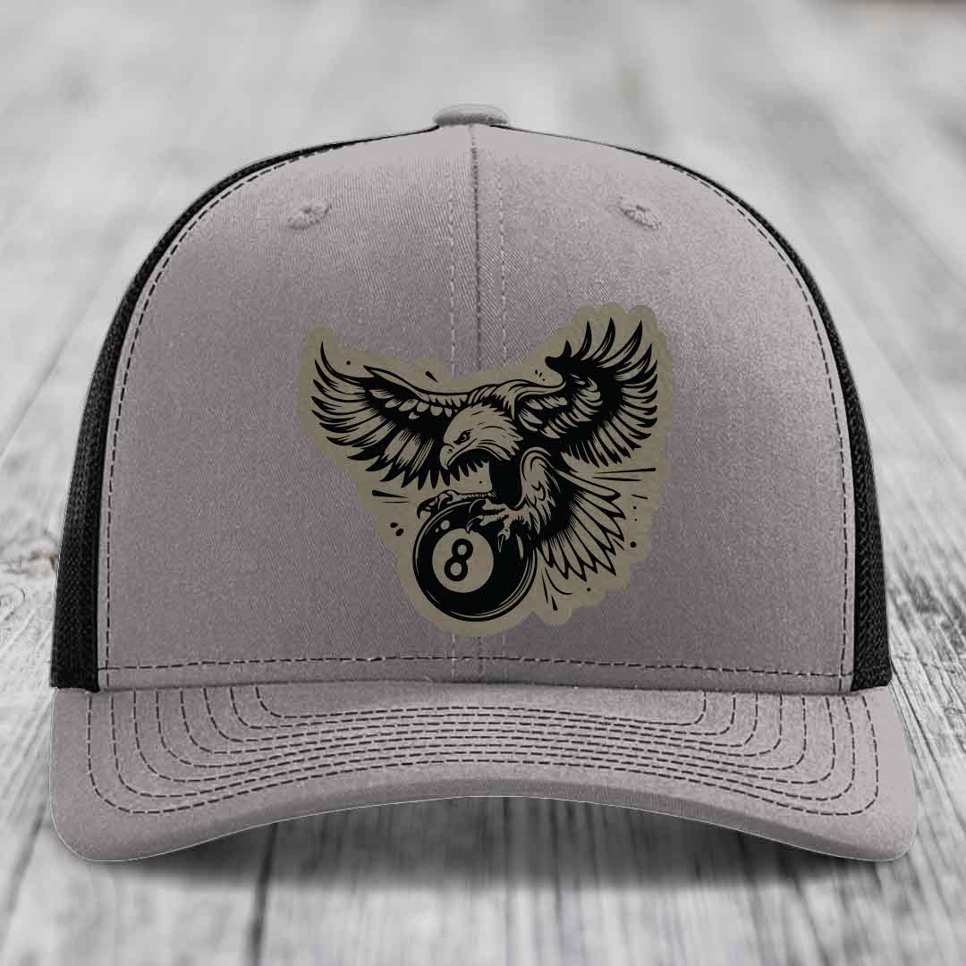 Eagle 8 Ball - Leather Patch Hat - Light Brown to Black Patch - Richardson 112 Snapback Trucker Hat