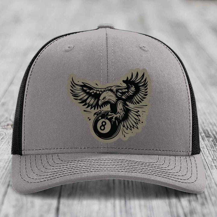 Eagle 8 Ball - Leather Patch Hat - Light Brown to Black Patch - Richardson 112 Snapback Trucker Hat