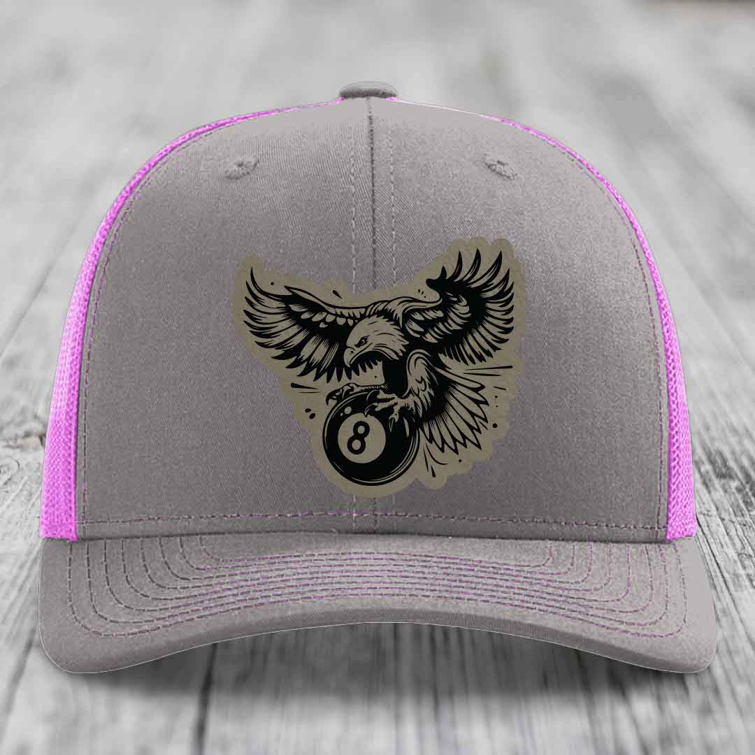 Eagle 8 Ball - Leather Patch Hat - Light Brown to Black Patch - Richardson 112 Snapback Trucker Hat
