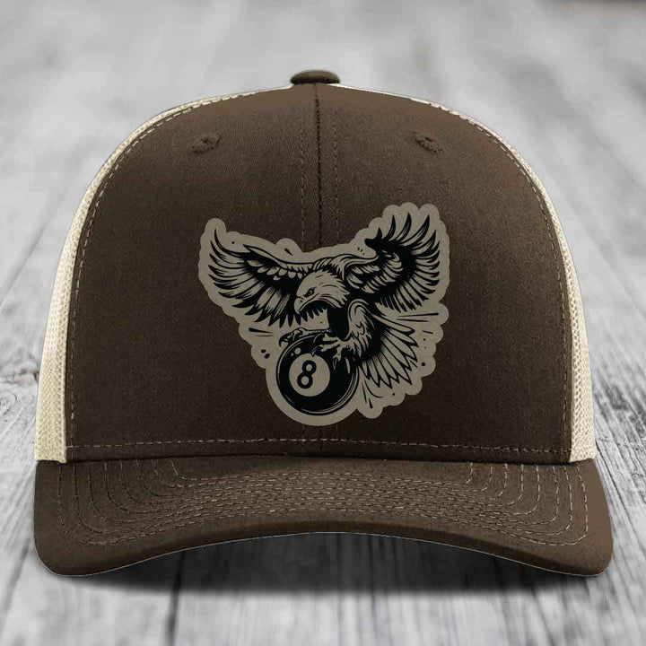 Eagle 8 Ball - Leather Patch Hat - Light Brown to Black Patch - Richardson 112 Snapback Trucker Hat