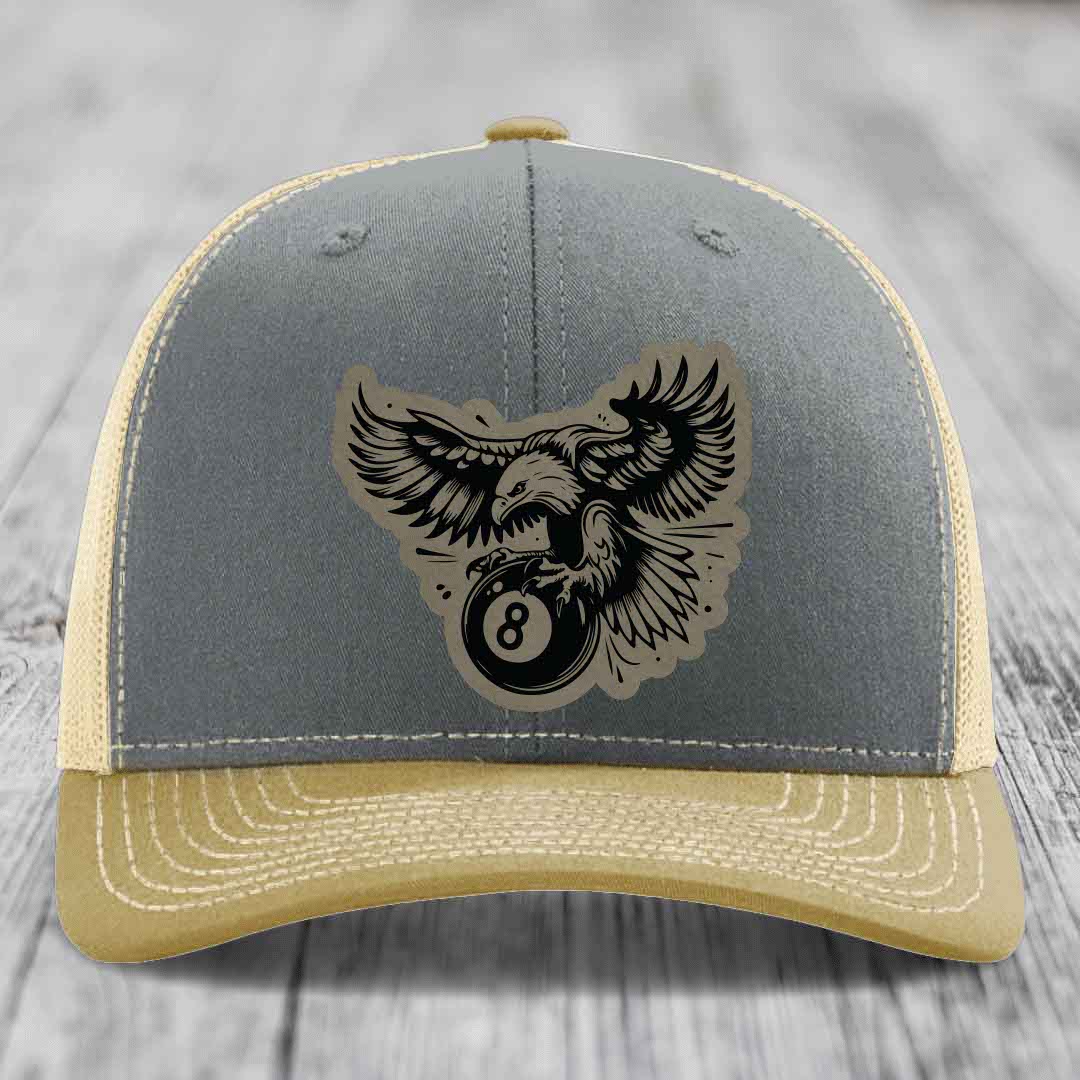 Eagle 8 Ball - Leather Patch Hat - Light Brown to Black Patch - Richardson 112 Snapback Trucker Hat