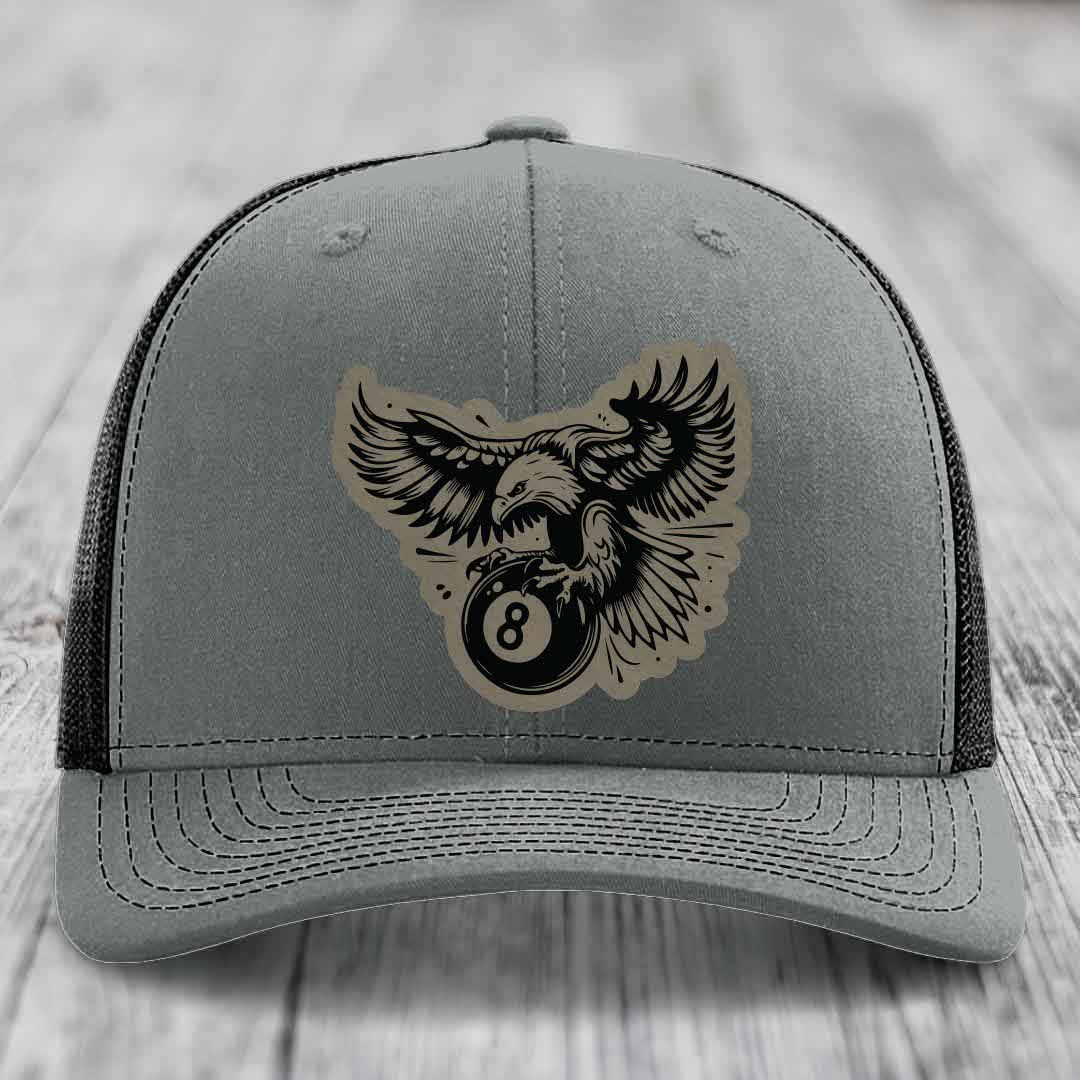 Eagle 8 Ball - Leather Patch Hat - Light Brown to Black Patch - Richardson 112 Snapback Trucker Hat
