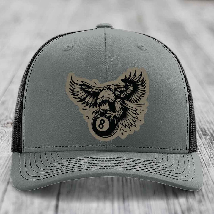 Eagle 8 Ball - Leather Patch Hat - Light Brown to Black Patch - Richardson 112 Snapback Trucker Hat