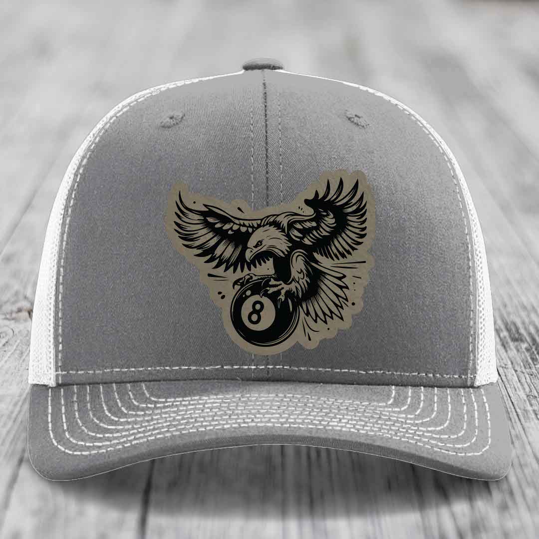 Eagle 8 Ball - Leather Patch Hat - Light Brown to Black Patch - Richardson 112 Snapback Trucker Hat
