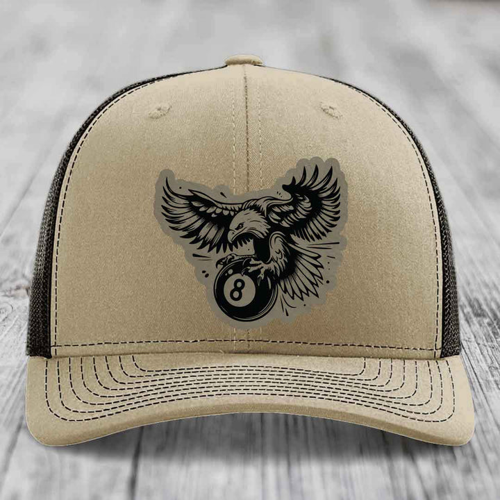 Eagle 8 Ball - Leather Patch Hat - Light Brown to Black Patch - Richardson 112 Snapback Trucker Hat
