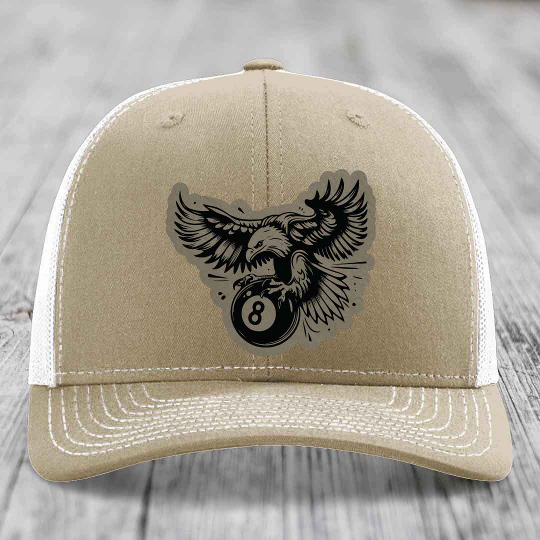Eagle 8 Ball - Leather Patch Hat - Light Brown to Black Patch - Richardson 112 Snapback Trucker Hat