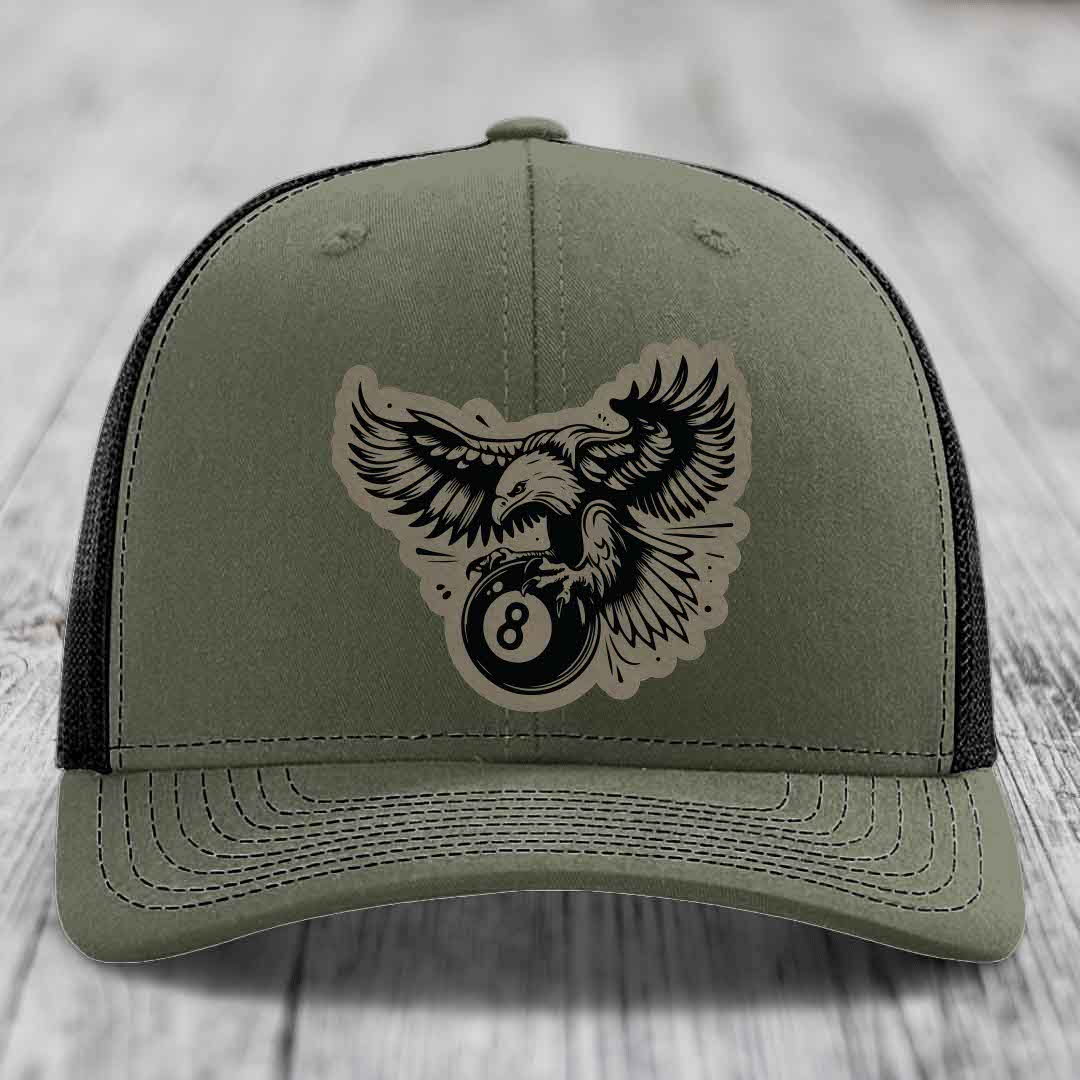Eagle 8 Ball - Leather Patch Hat - Light Brown to Black Patch - Richardson 112 Snapback Trucker Hat