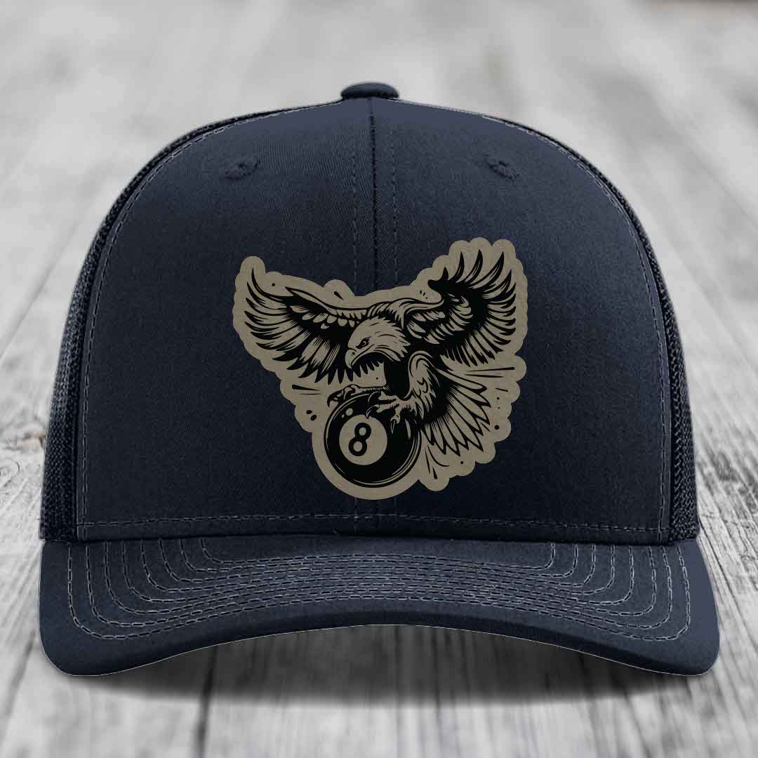 Eagle 8 Ball - Leather Patch Hat - Light Brown to Black Patch - Richardson 112 Snapback Trucker Hat