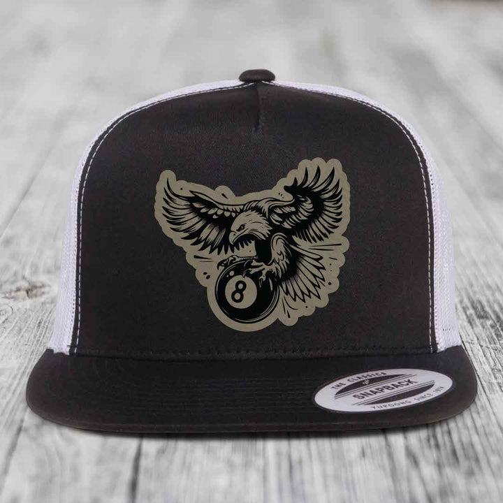 Eagle 8 Ball - Leather Patch Hat - Light Brown to Black Patch - Yupoong 6006 Snapback Flatbill Hat