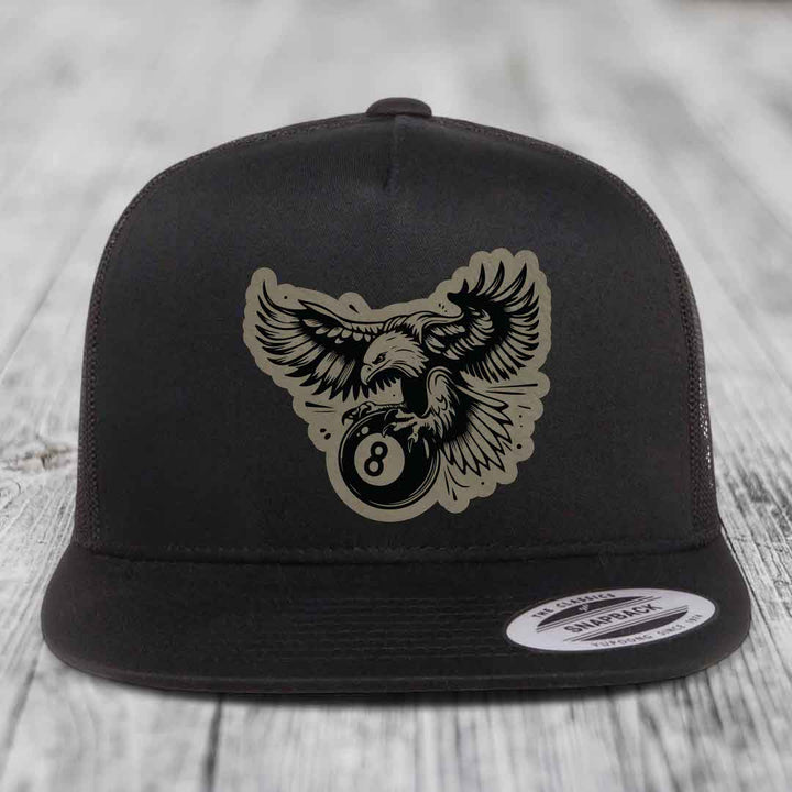 Eagle 8 Ball - Leather Patch Hat - Light Brown to Black Patch - Yupoong 6006 Snapback Flatbill Hat