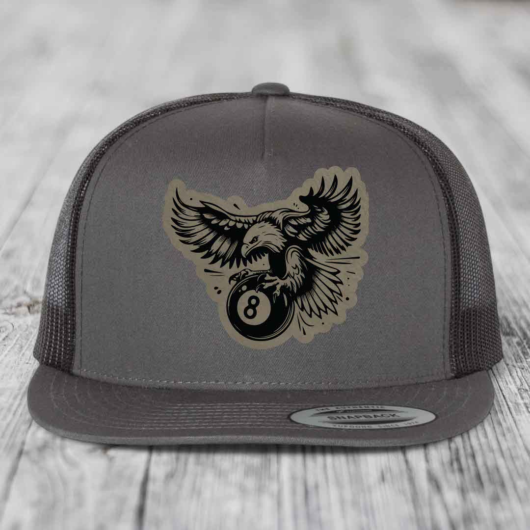 Eagle 8 Ball - Leather Patch Hat - Light Brown to Black Patch - Yupoong 6006 Snapback Flatbill Hat