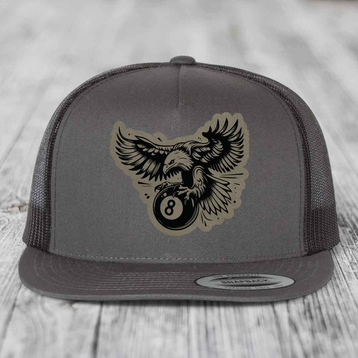 Eagle 8 Ball - Leather Patch Hat - Light Brown to Black Patch - Yupoong 6006 Snapback Flatbill Hat