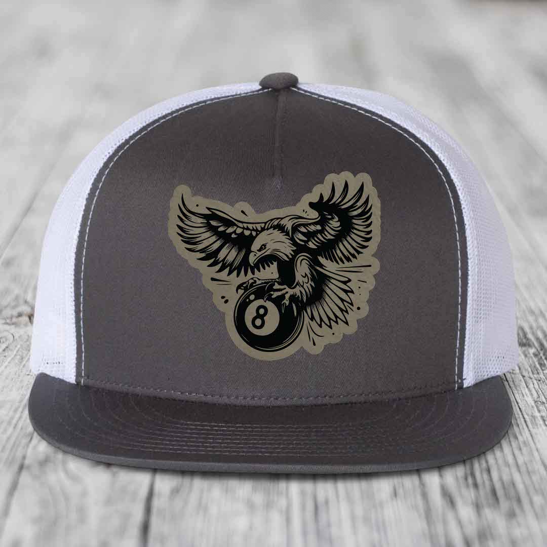 Eagle 8 Ball - Leather Patch Hat - Light Brown to Black Patch - Yupoong 6006 Snapback Flatbill Hat