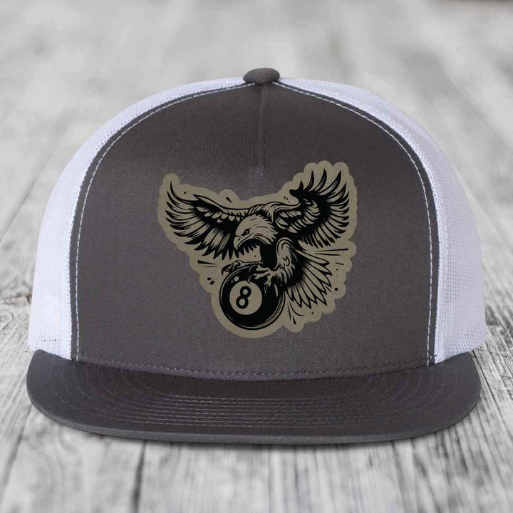 Eagle 8 Ball - Leather Patch Hat - Light Brown to Black Patch - Yupoong 6006 Snapback Flatbill Hat