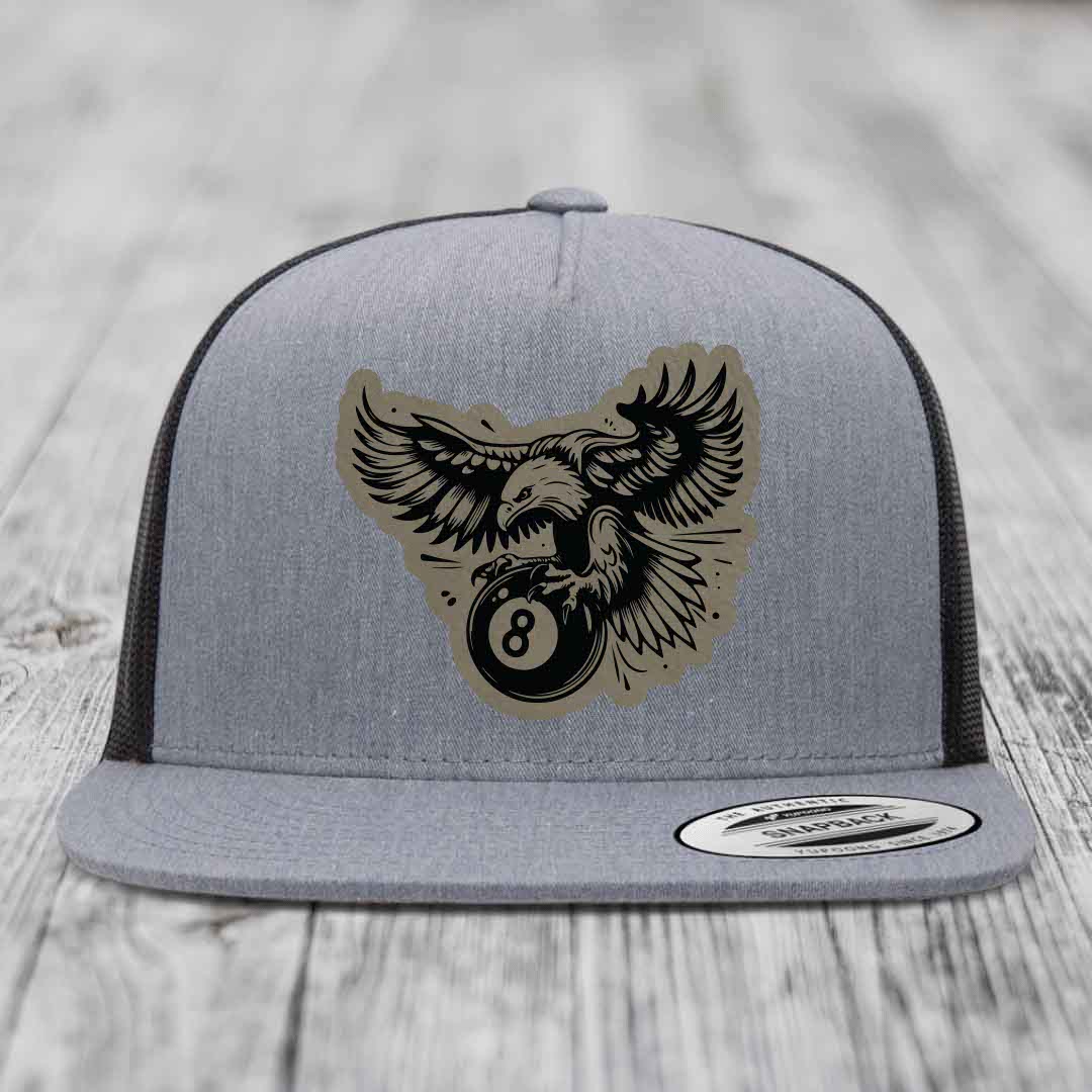 Eagle 8 Ball - Leather Patch Hat - Light Brown to Black Patch - Yupoong 6006 Snapback Flatbill Hat