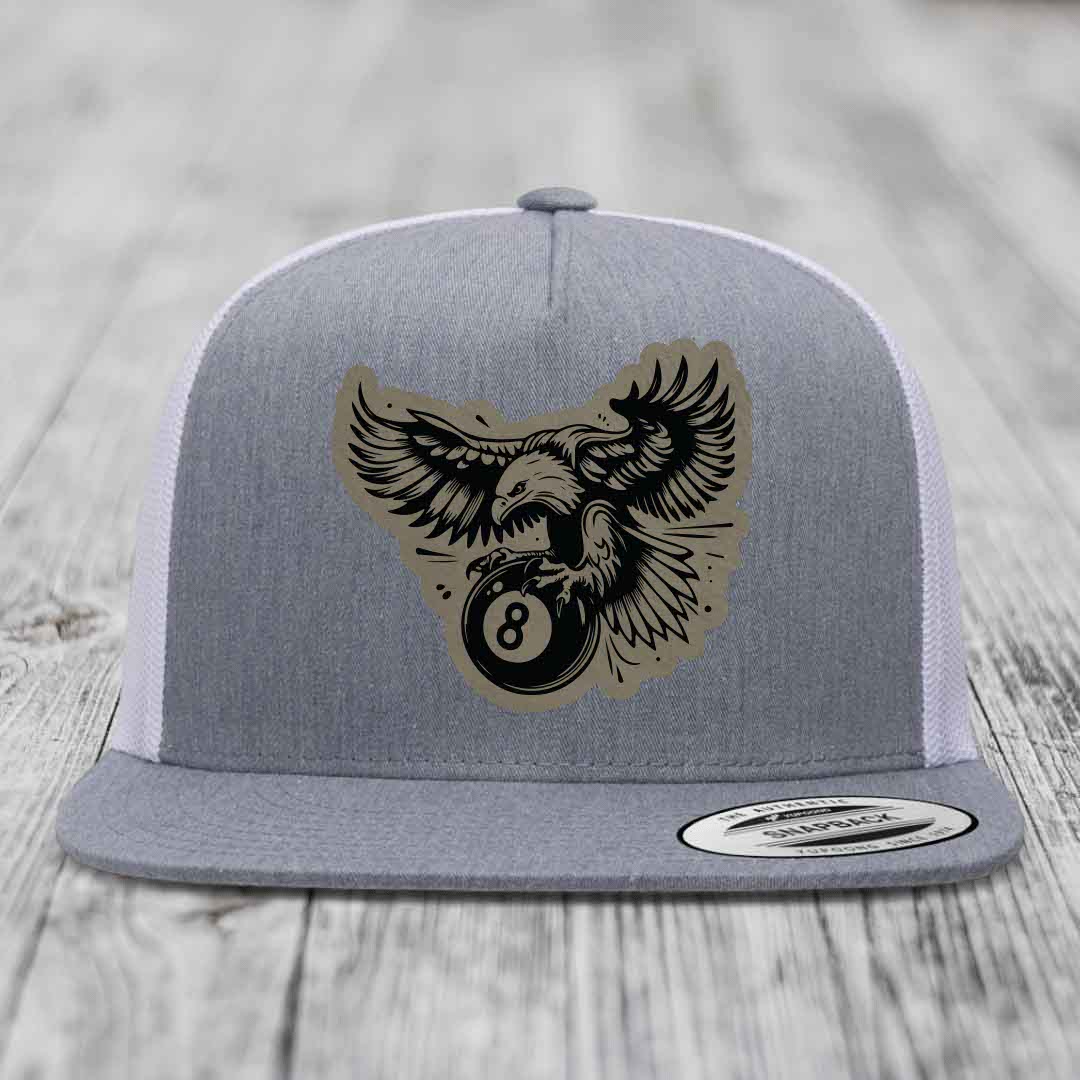 Eagle 8 Ball - Leather Patch Hat - Light Brown to Black Patch - Yupoong 6006 Snapback Flatbill Hat