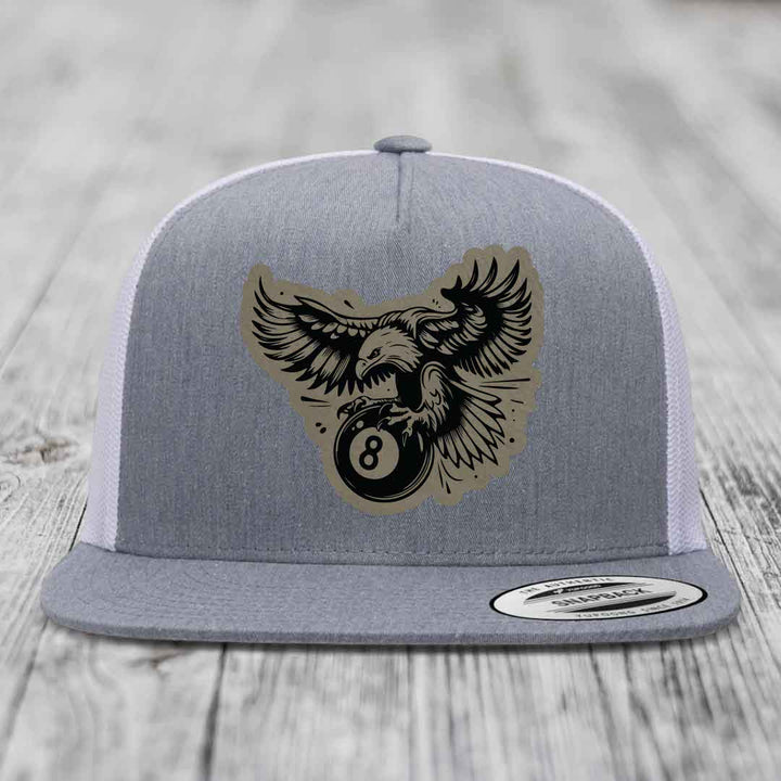 Eagle 8 Ball - Leather Patch Hat - Light Brown to Black Patch - Yupoong 6006 Snapback Flatbill Hat