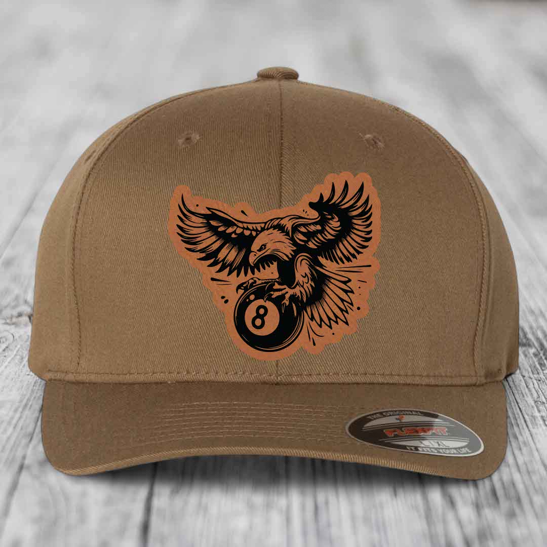 Eagle 8 Ball - Leather Patch Hat - Rawhide to Black Patch - Flexfit 6277 Fitted Hat