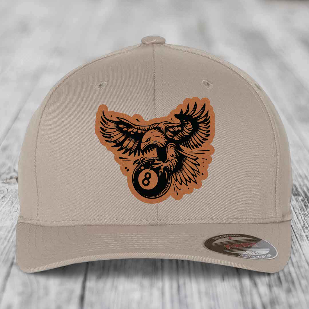 Eagle 8 Ball - Leather Patch Hat - Rawhide to Black Patch - Flexfit 6277 Fitted Hat