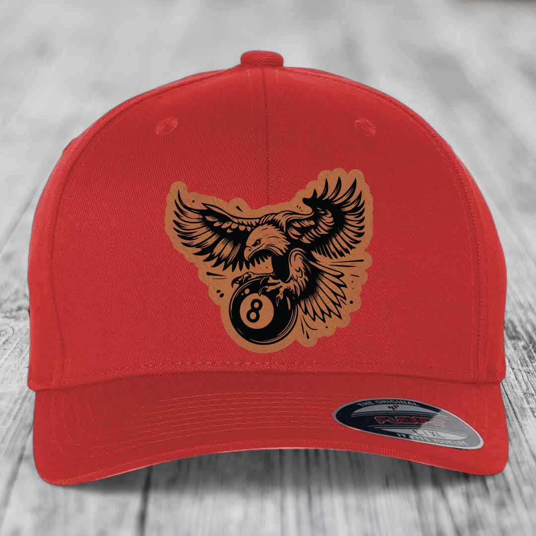 Eagle 8 Ball - Leather Patch Hat - Rawhide to Black Patch - Flexfit 6277 Fitted Hat