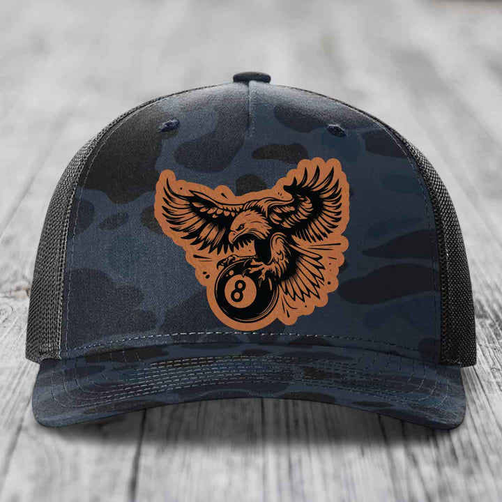 Eagle 8 Ball - Leather Patch Hat - Rawhide to Black Patch - Richardson 112PFP Snapback Trucker Hat