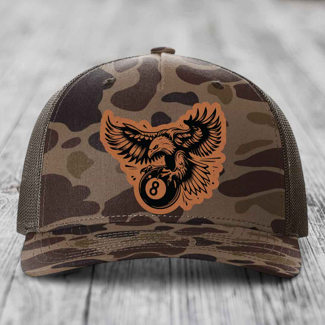 Eagle 8 Ball - Leather Patch Hat - Rawhide to Black Patch - Richardson 112PFP Snapback Trucker Hat