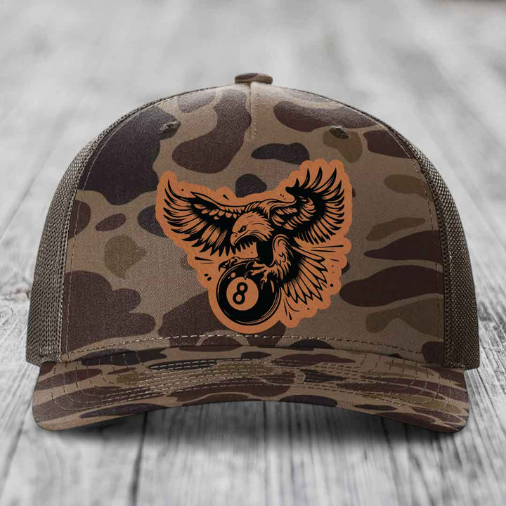 Eagle 8 Ball - Leather Patch Hat - Rawhide to Black Patch - Richardson 112PFP Snapback Trucker Hat