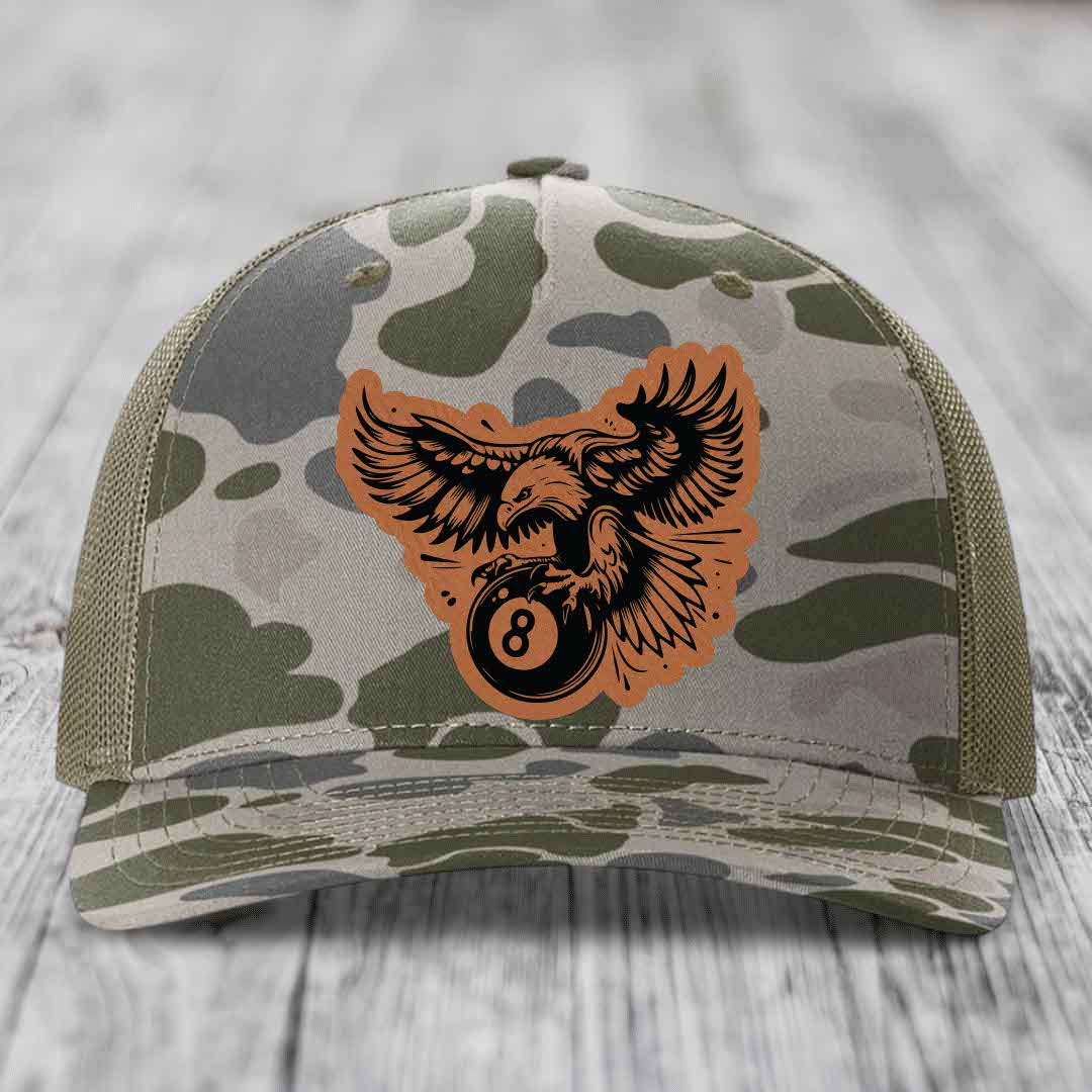 Eagle 8 Ball - Leather Patch Hat - Rawhide to Black Patch - Richardson 112PFP Snapback Trucker Hat