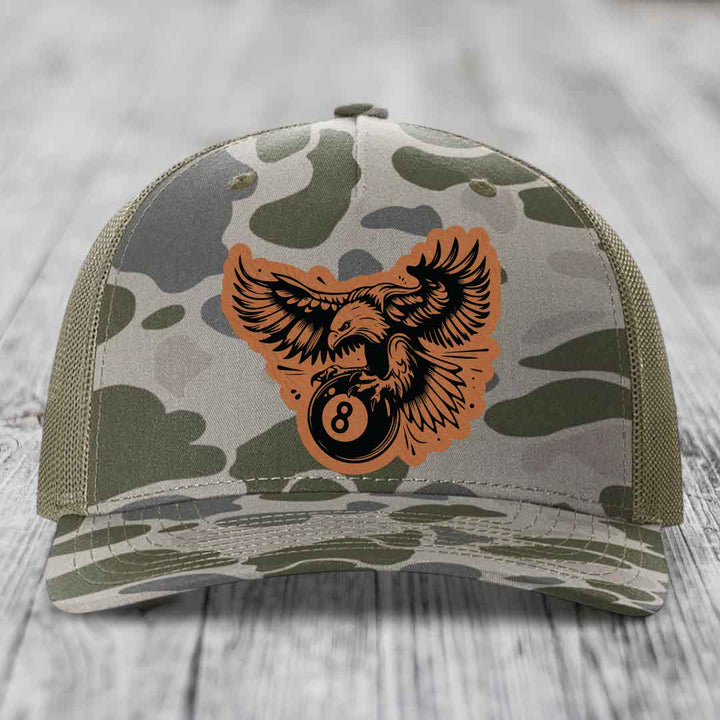 Eagle 8 Ball - Leather Patch Hat - Rawhide to Black Patch - Richardson 112PFP Snapback Trucker Hat