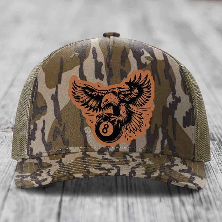 Eagle 8 Ball - Leather Patch Hat - Rawhide to Black Patch - Richardson 112PFP Snapback Trucker Hat