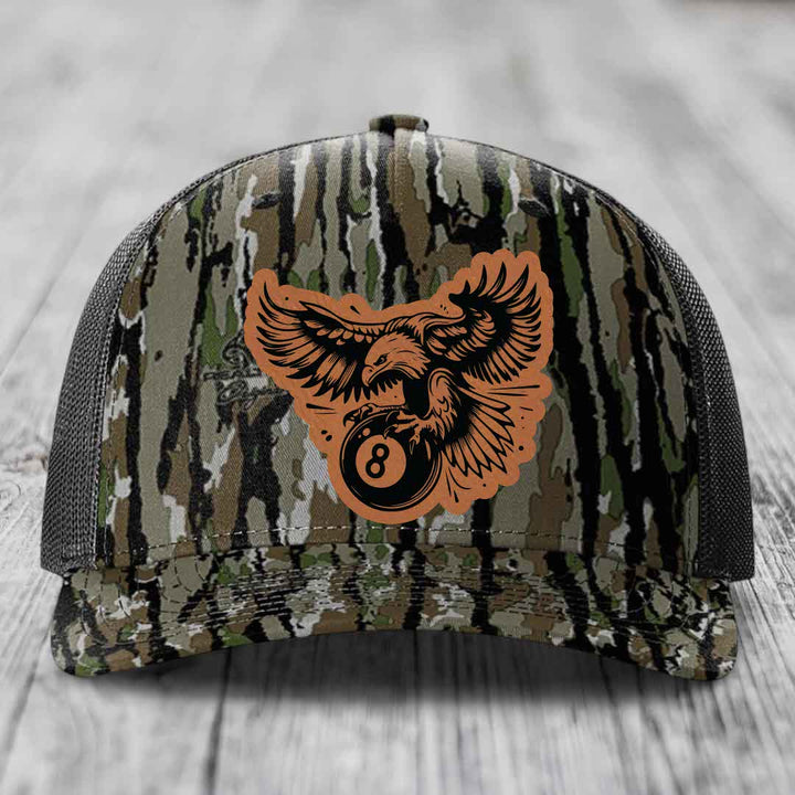 Eagle 8 Ball - Leather Patch Hat - Rawhide to Black Patch - Richardson 112PFP Snapback Trucker Hat