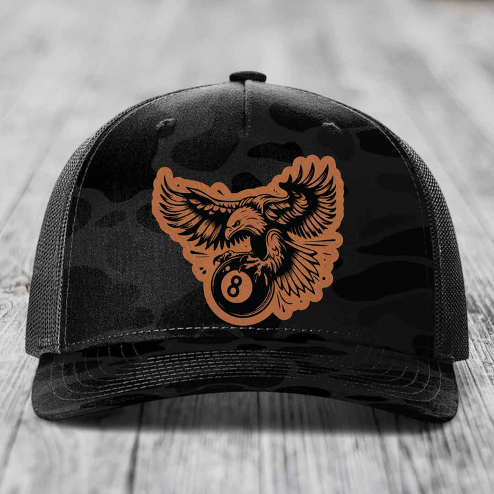 Eagle 8 Ball - Leather Patch Hat - Rawhide to Black Patch - Richardson 112PFP Snapback Trucker Hat